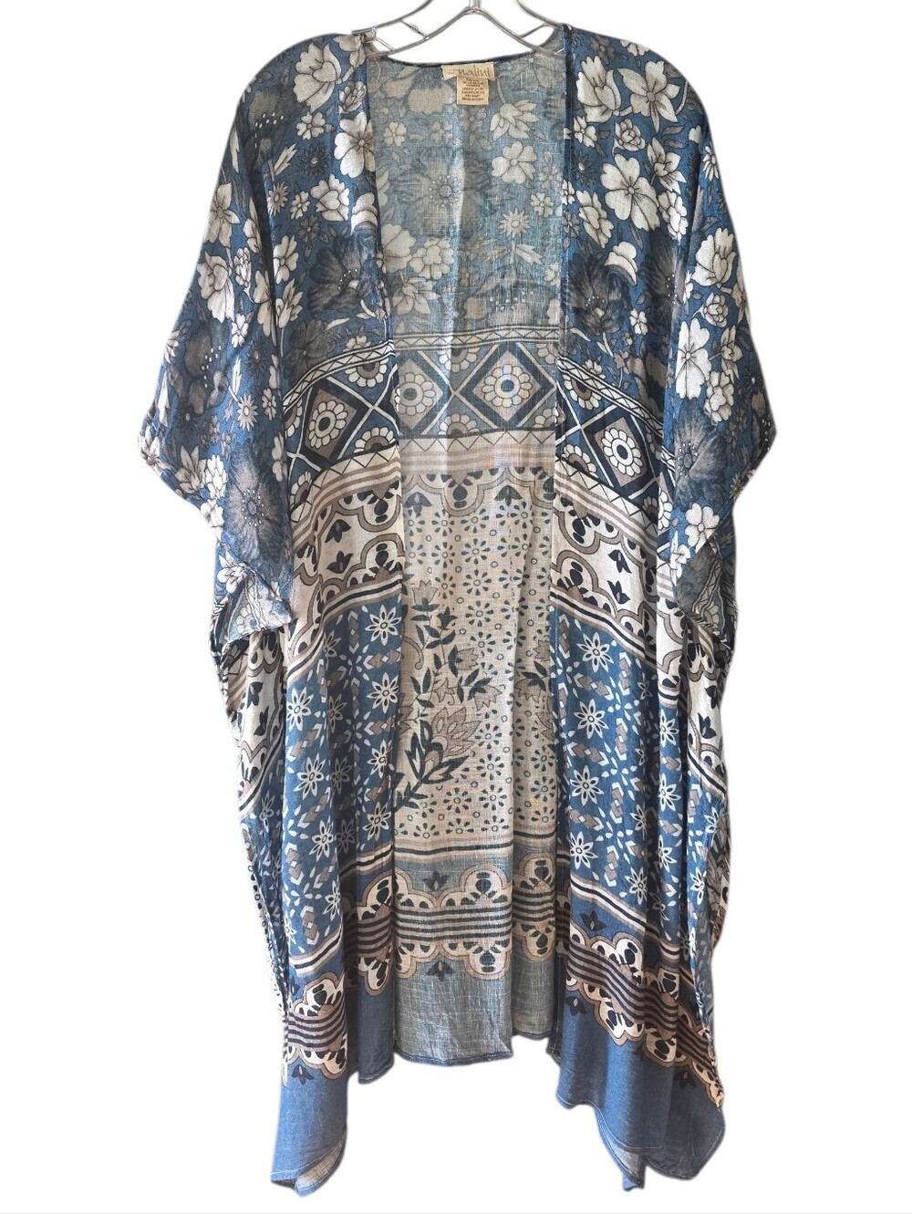 Nalini Blue Floral Patterned Open-Front Kimono One Size Fits Most